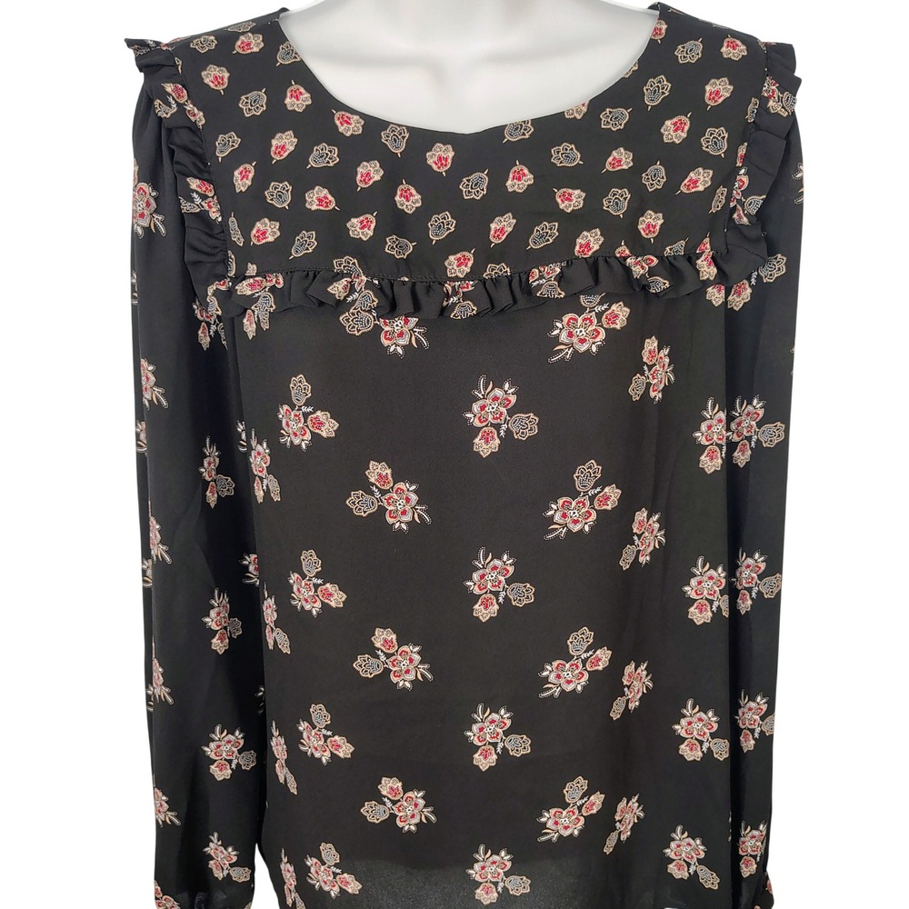 LOFT Black Floral Ruffle Long Sleeve Blouse S Paisley Print Keyhole Back‎ boho